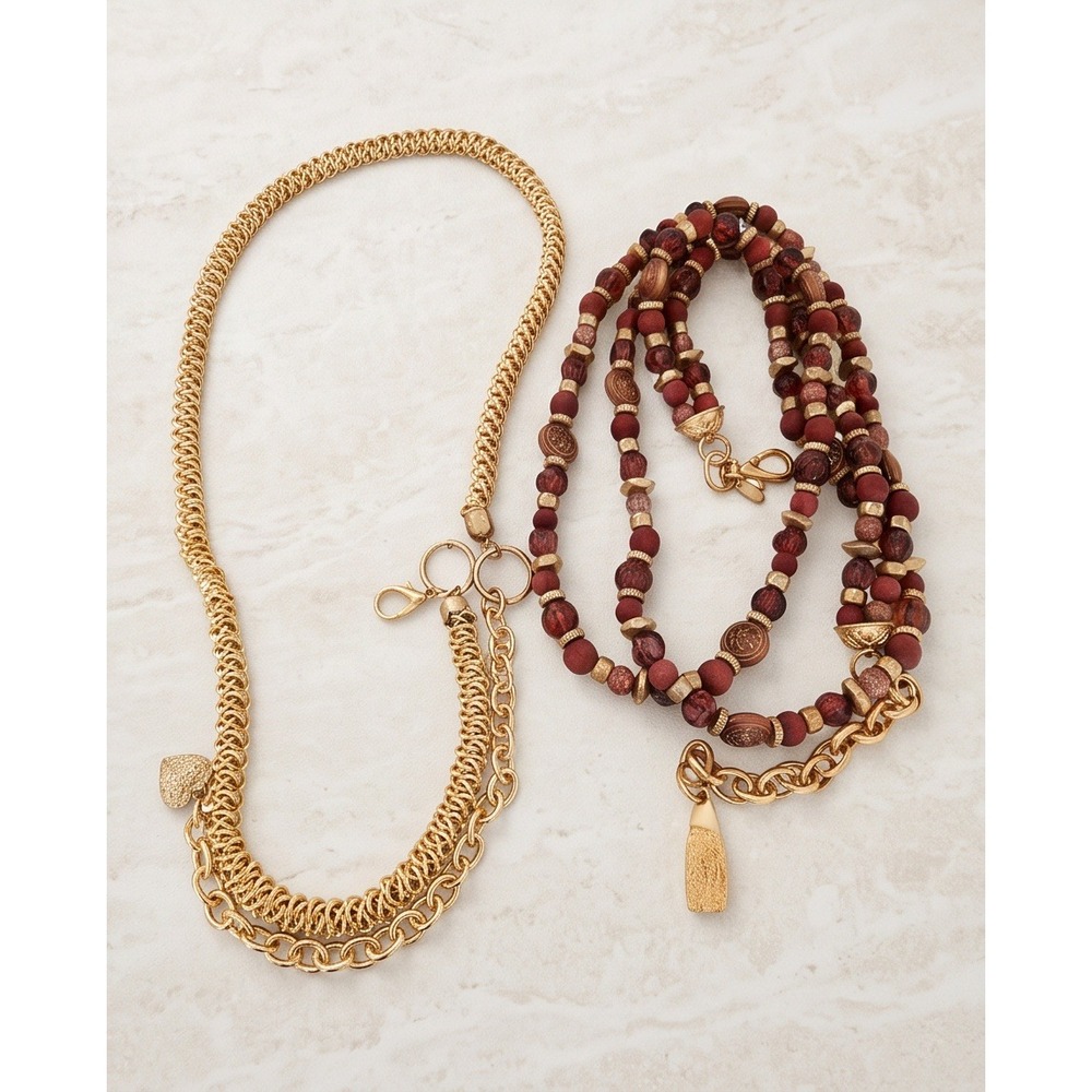 Lot of 2 Vintage Chain and Beaded Belts Gold Tone Brown Boho XL‎